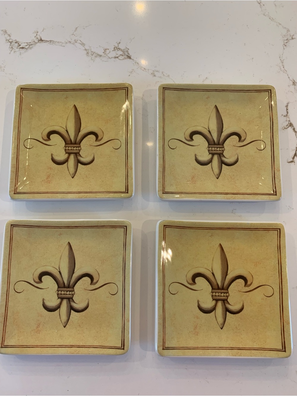 Fleur de Lis Party Plates Set Of (4) Square 4.5” Ceramic Unused.